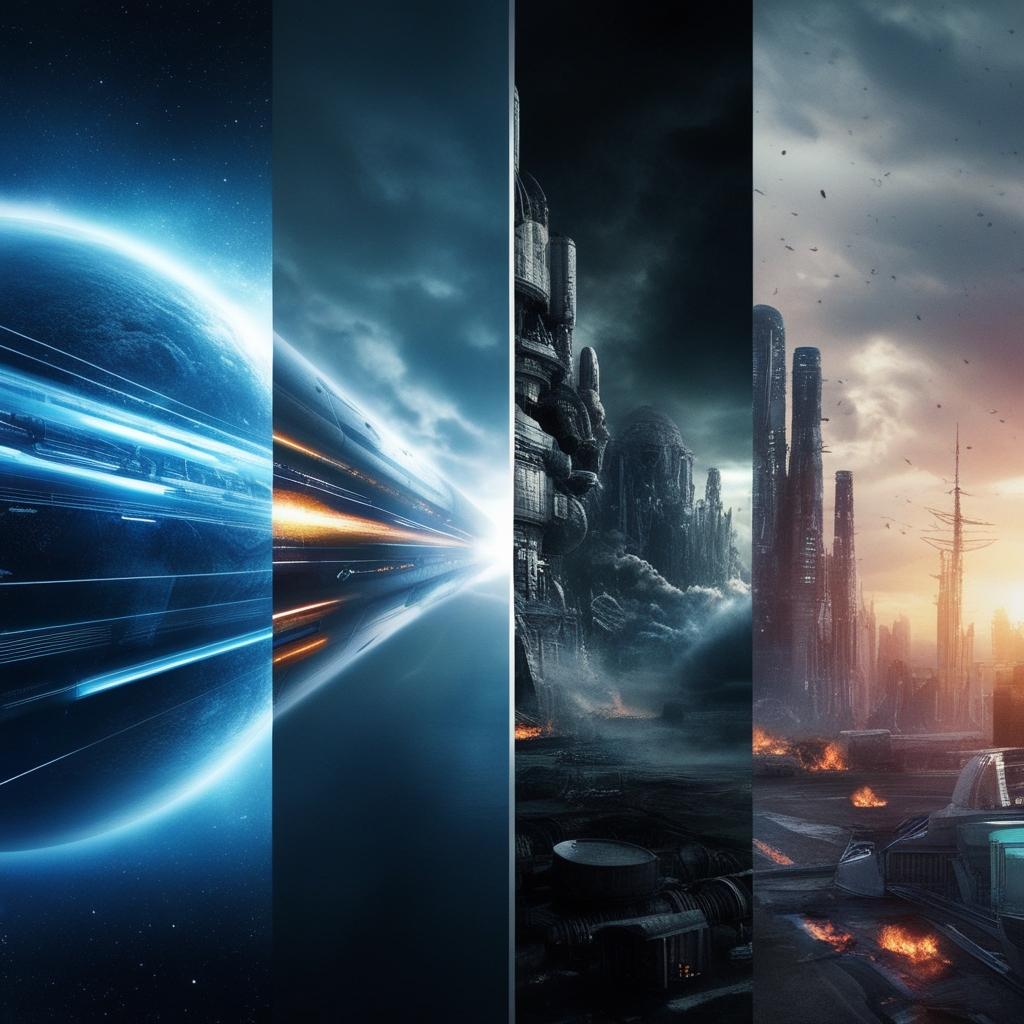 A split scene showing different timelines of the future - Payhip