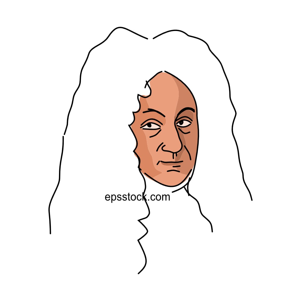 Gottfried Wilhelm Leibniz portrait, flat vector illustration