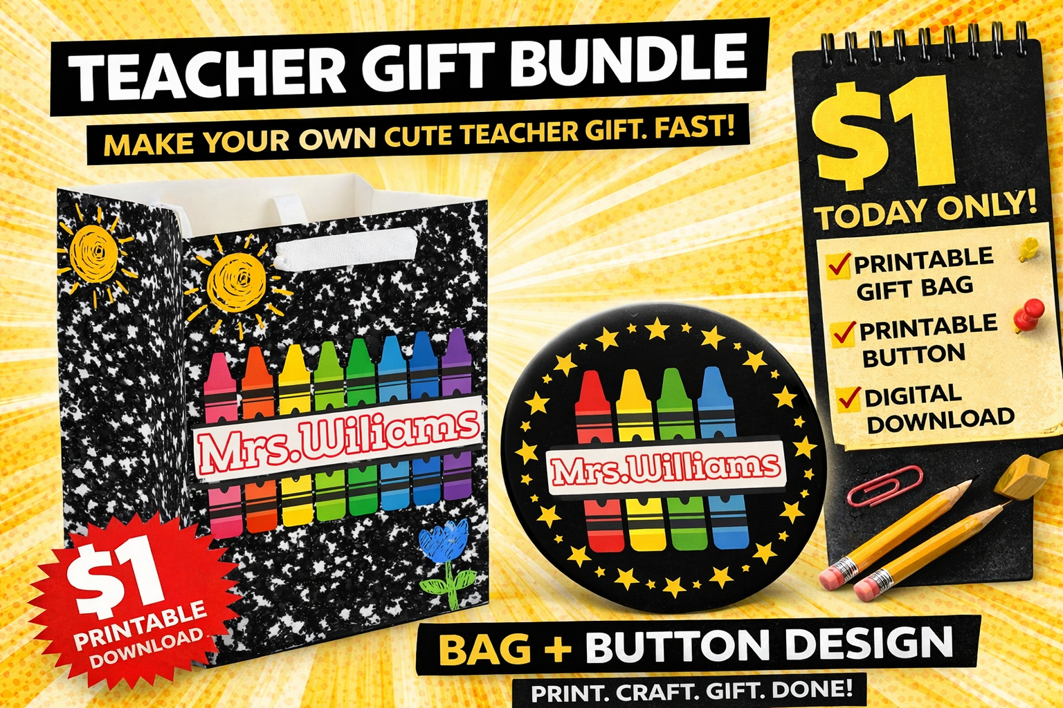 Teacher Appreciation Gift Bag Bundle | Custom Crayon Notebook Bag ...