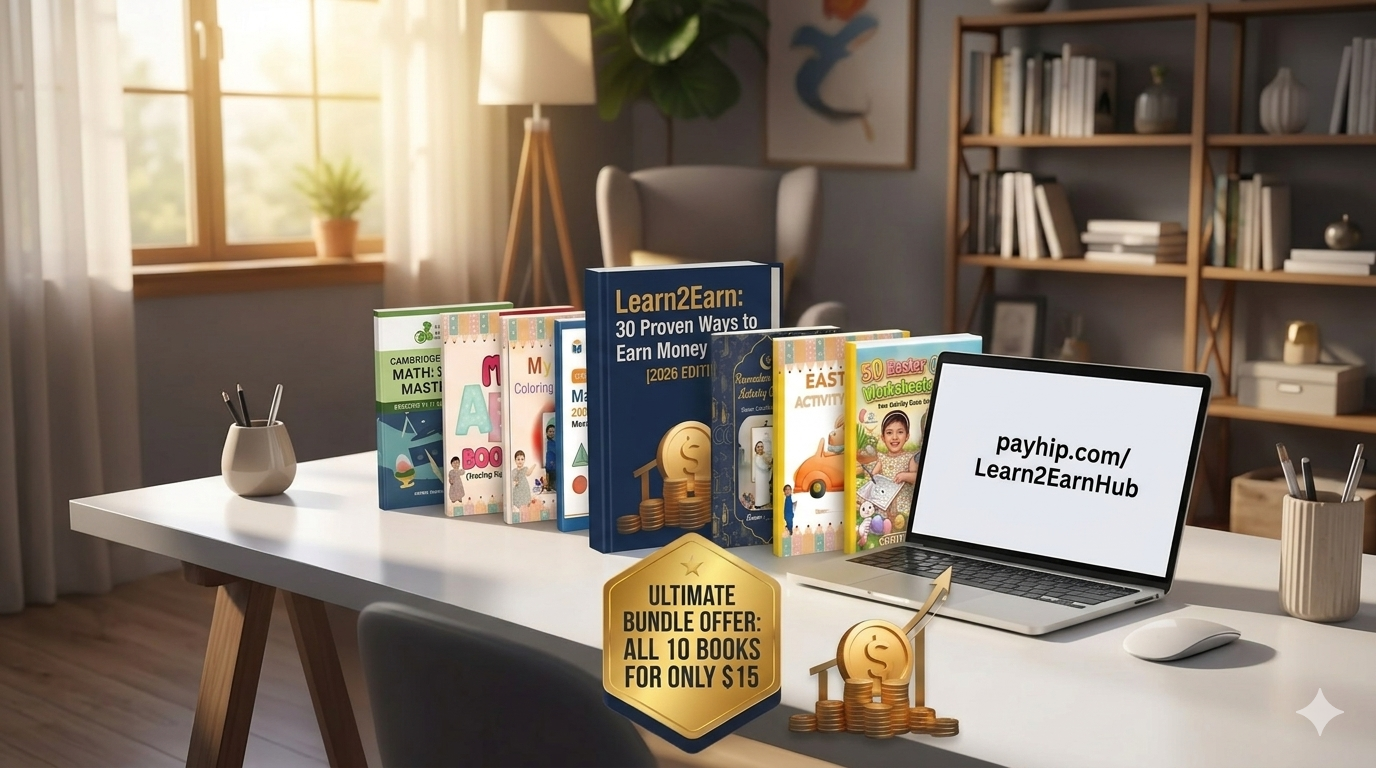 Learn2Earn Mega Bundle of 10 eBooks including 2026 Digital Wealth Blueprint and Cambridge Math Mastery Workbooks for Grade 3.