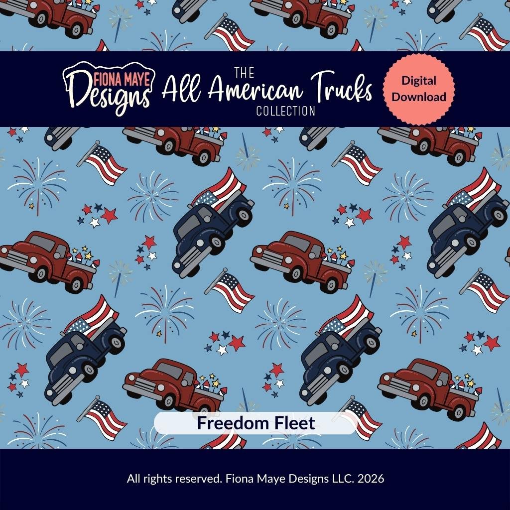 Seamless pattern of red and blue vintage trucks with flags, fireworks, and stars on a light blue background, shown with “Freedom Fleet” digital download label.