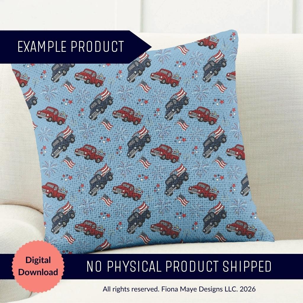 Pillow mockup featuring a seamless patriotic truck pattern with red and blue trucks, flags, and stars on a light blue background on a light couch.