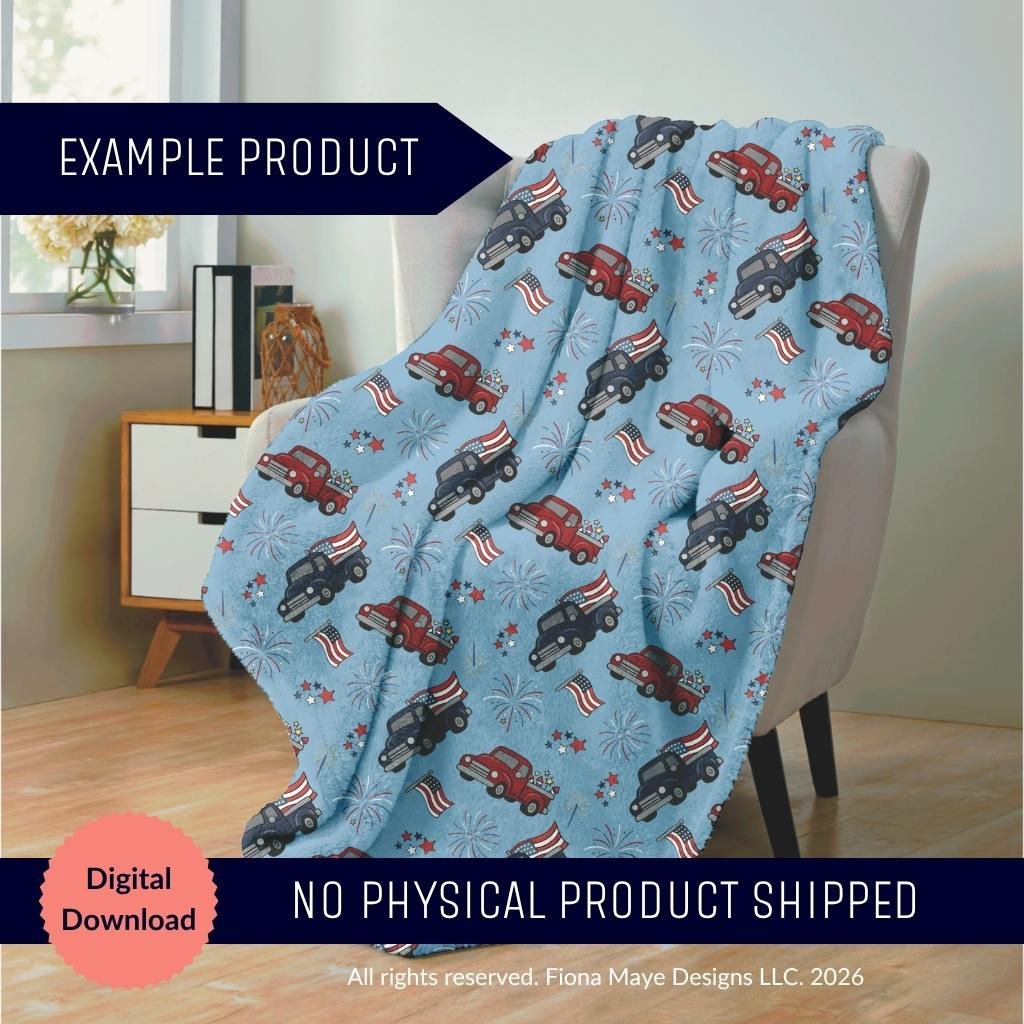 Cozy blanket mockup featuring a seamless patriotic truck pattern with red and blue trucks, flags, and fireworks draped over a chair in a bright room.