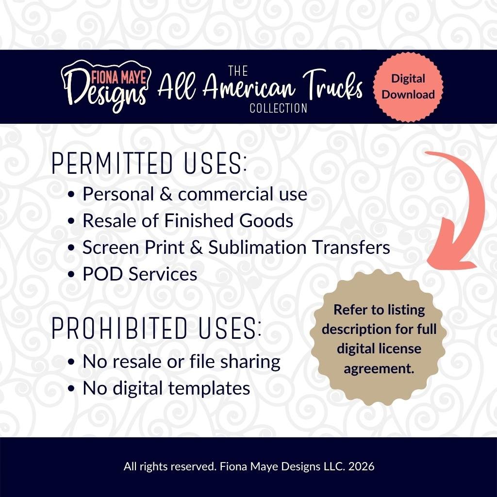 Digital license sheet showing permitted and prohibited uses for a patriotic truck design download, with a clean layout and a note to review the full agreement.
