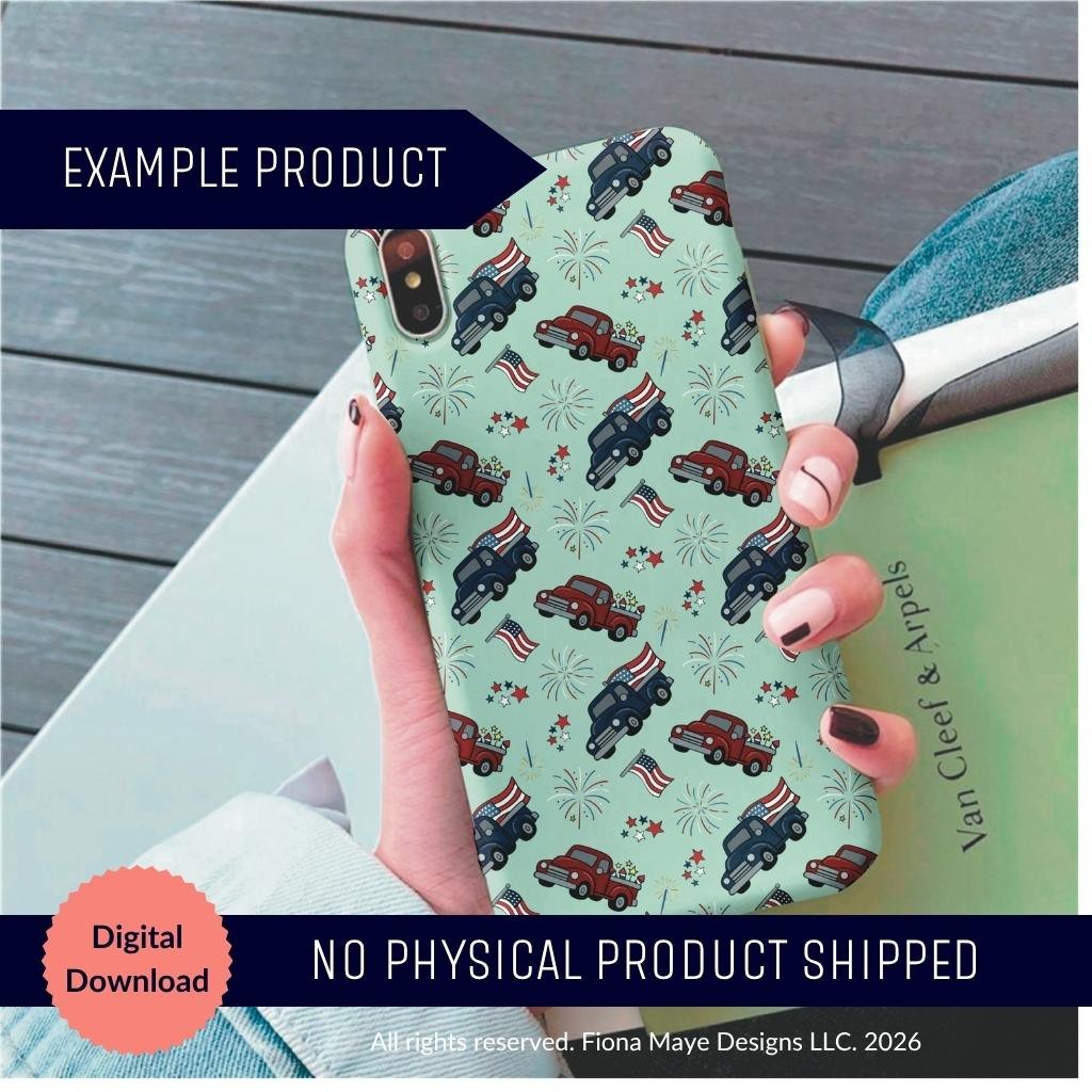 Phone case mockup featuring a seamless patriotic truck pattern with red and blue trucks, flags, and fireworks on a light green background held in someone’s hand.
