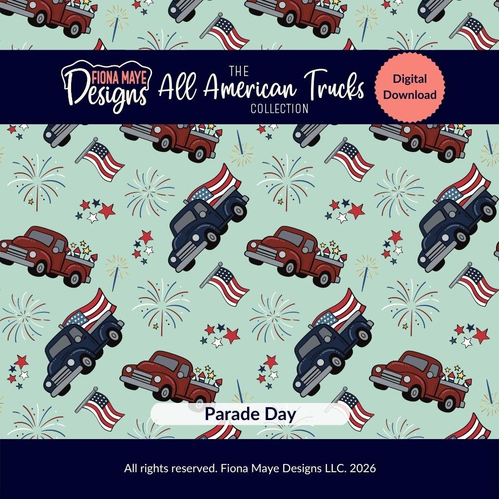 Seamless patriotic truck pattern with red and blue vintage trucks, flags, fireworks, and stars on a light blue background labeled “Parade Day” digital download.