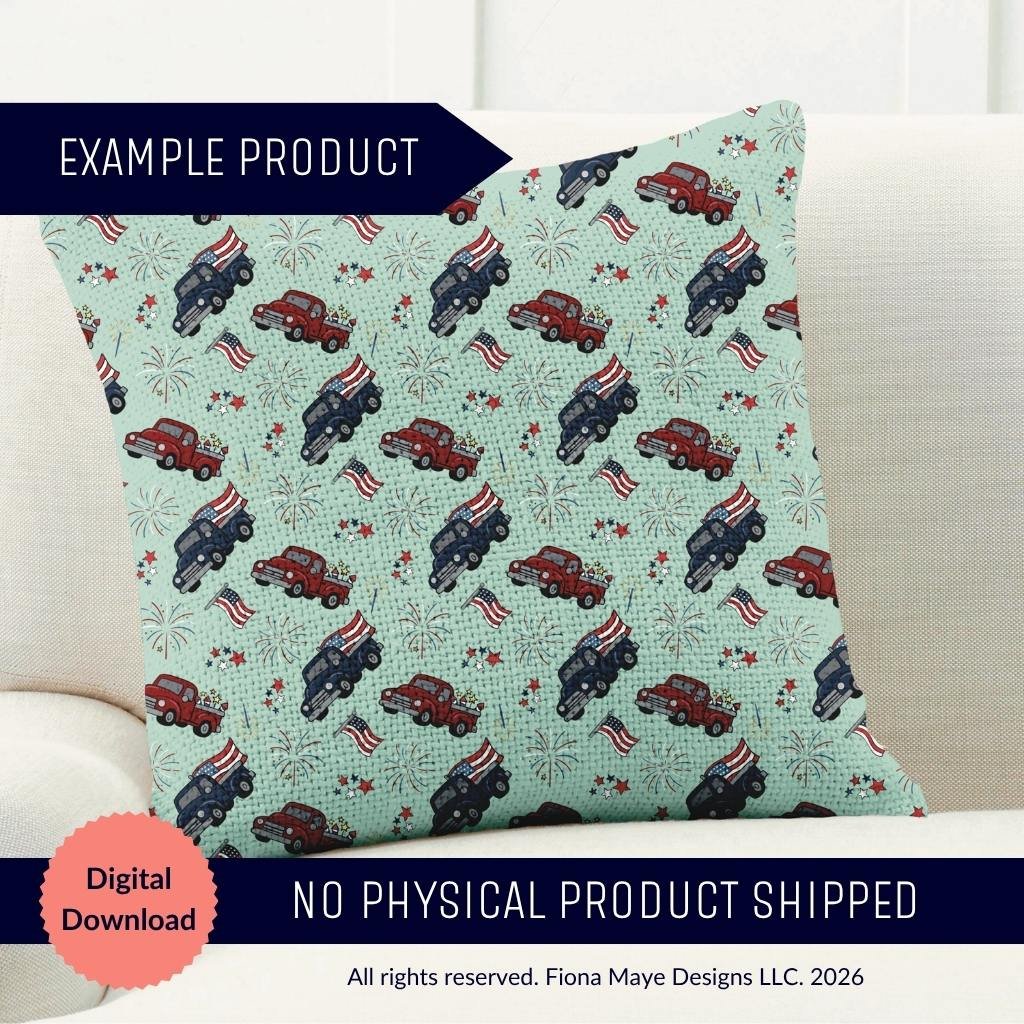 Pillow mockup featuring a seamless patriotic truck pattern with red and blue trucks, flags, and fireworks on a light green background on a light couch.