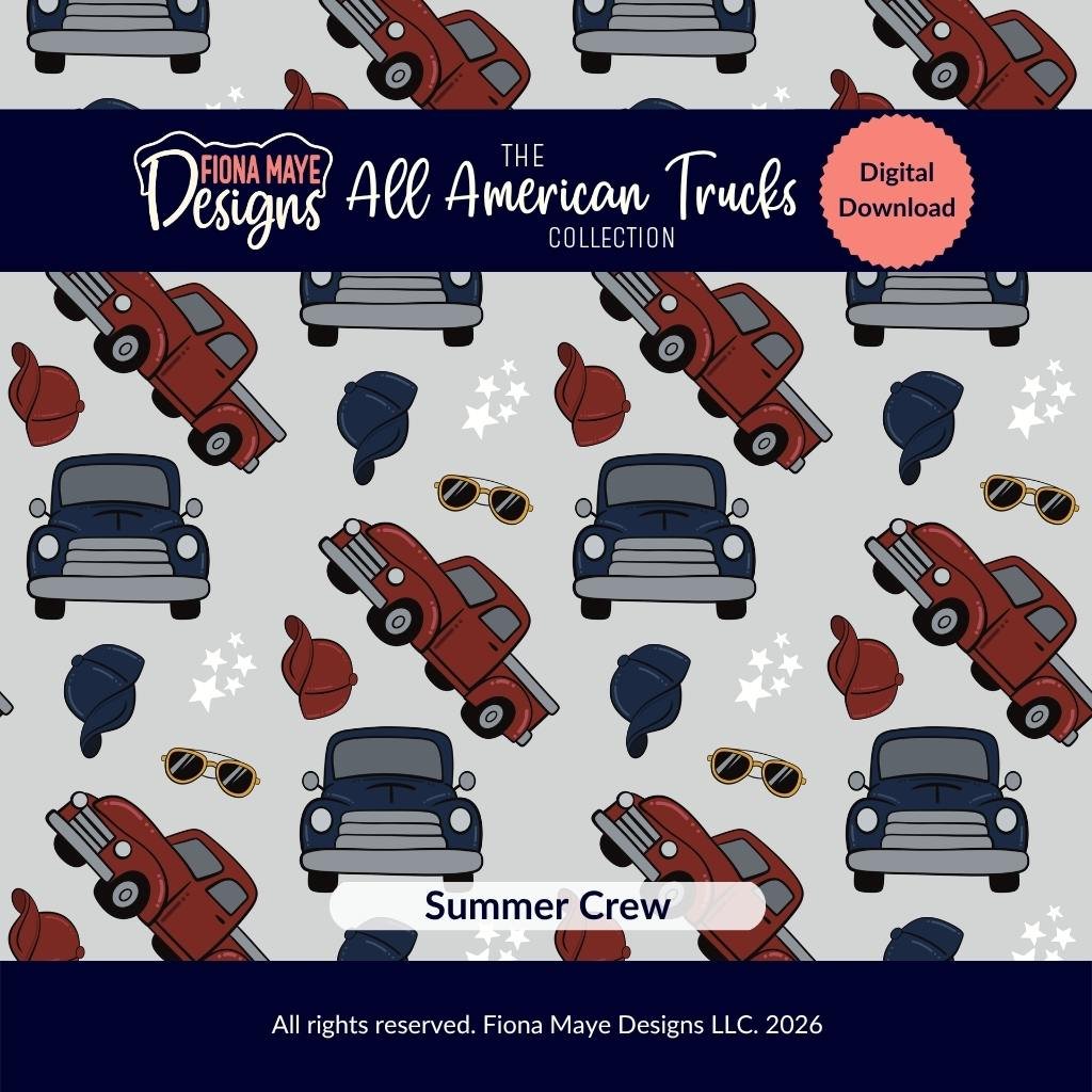 Seamless pattern with red and blue vintage trucks, sunglasses, hats, and stars on a light gray background labeled as a digital download from the All American Trucks Collection.