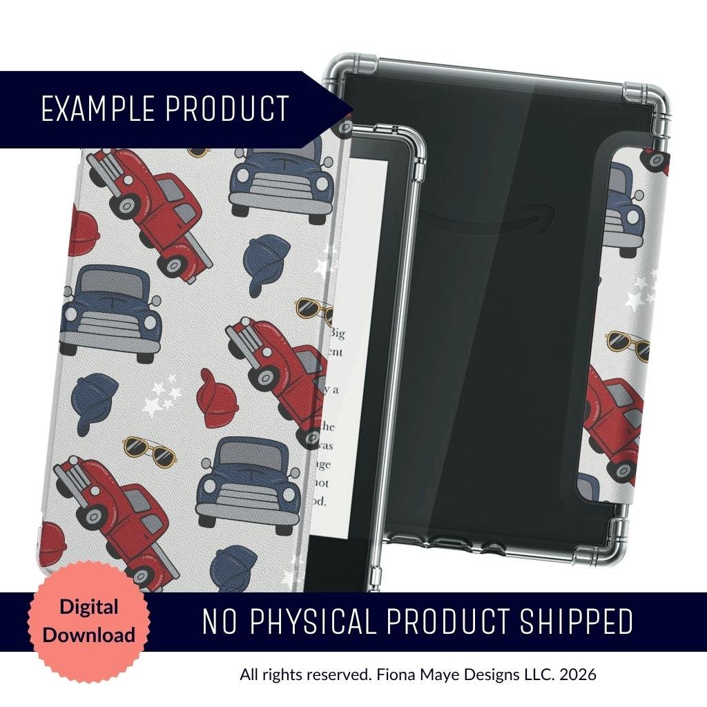 Tablet cover mockup featuring a playful pattern of red and blue trucks, sunglasses, and hats on a light gray background, shown with “Digital Download” labels.