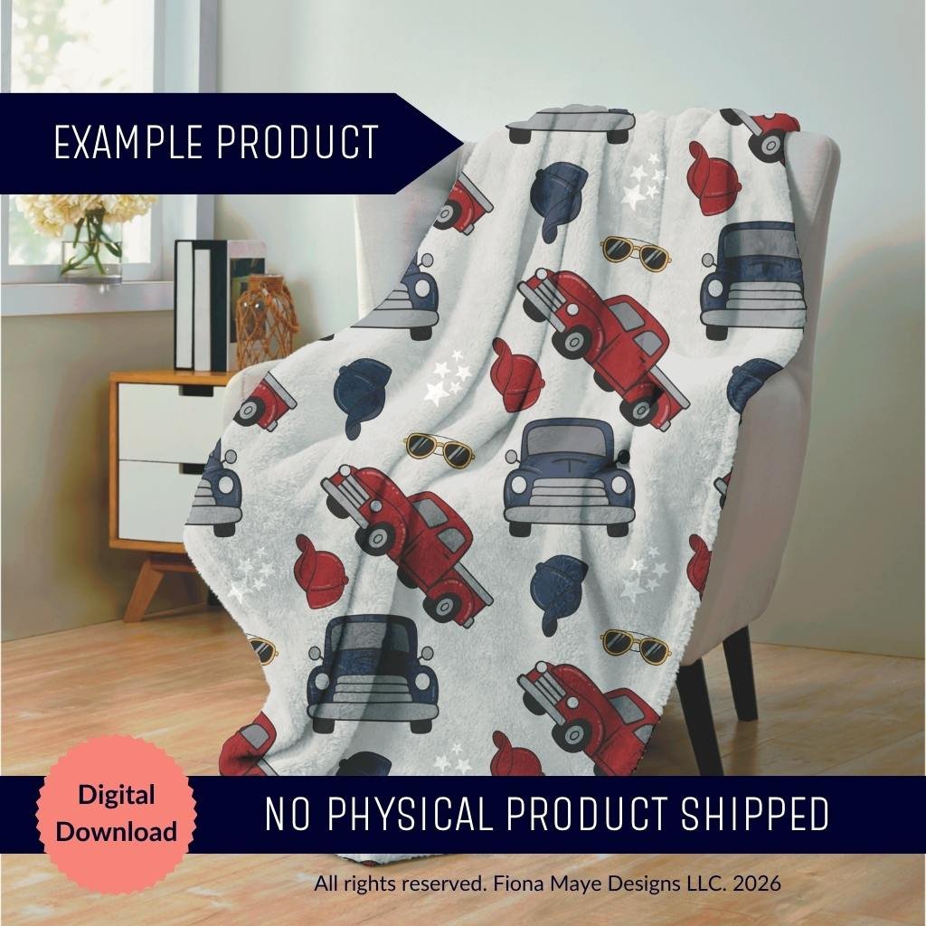 Cozy blanket mockup featuring a playful pattern of red and blue trucks, sunglasses, and cotton candy on a light gray background draped over a chair in a bright room.