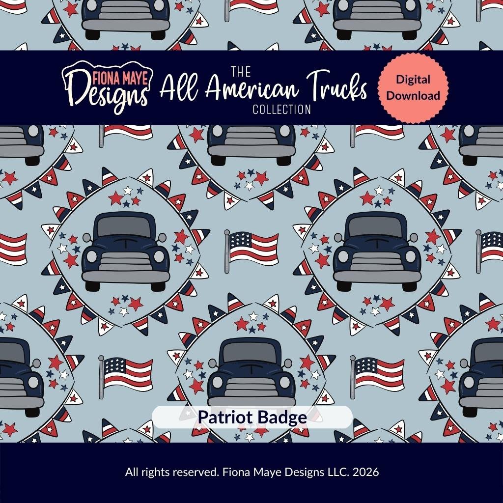 Seamless patriotic pattern featuring dark blue vintage trucks inside badge-style circles with flags, stars, and bunting on a light blue background labeled as a digital download.