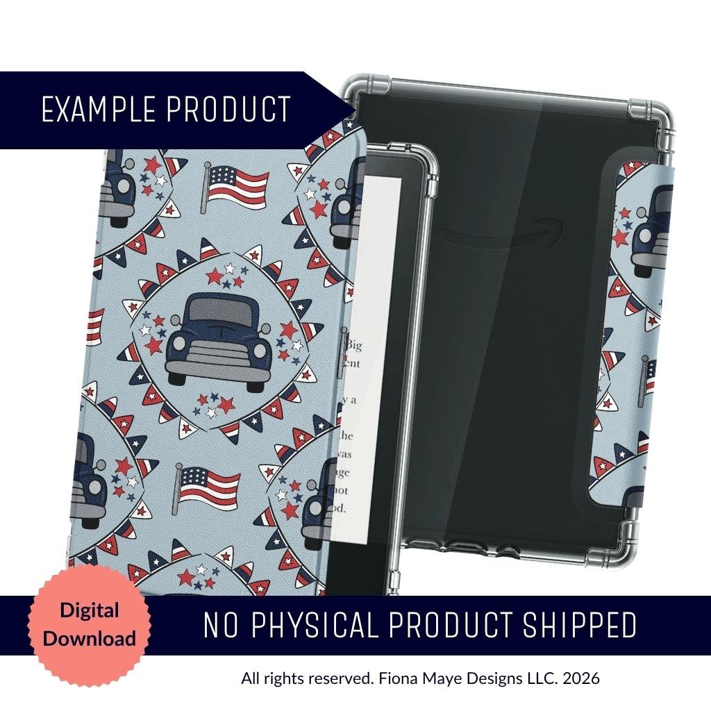 Tablet cover mockup featuring a seamless patriotic pattern with red and blue trucks, flags, stars, and bunting on a light blue background labeled as a digital download.