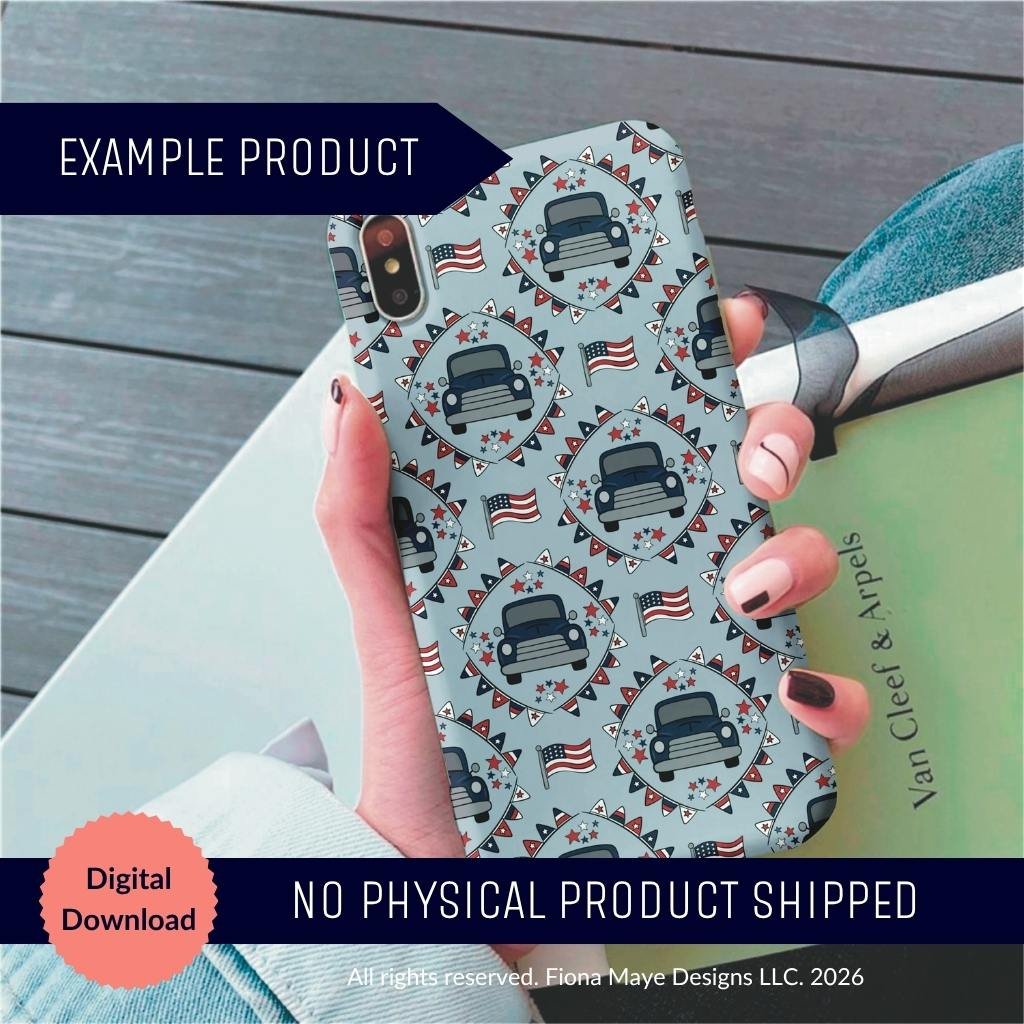 Phone case mockup featuring a patriotic pattern with blue vintage trucks, flags, stars, and bunting on a light blue background, shown as a digital download sample.