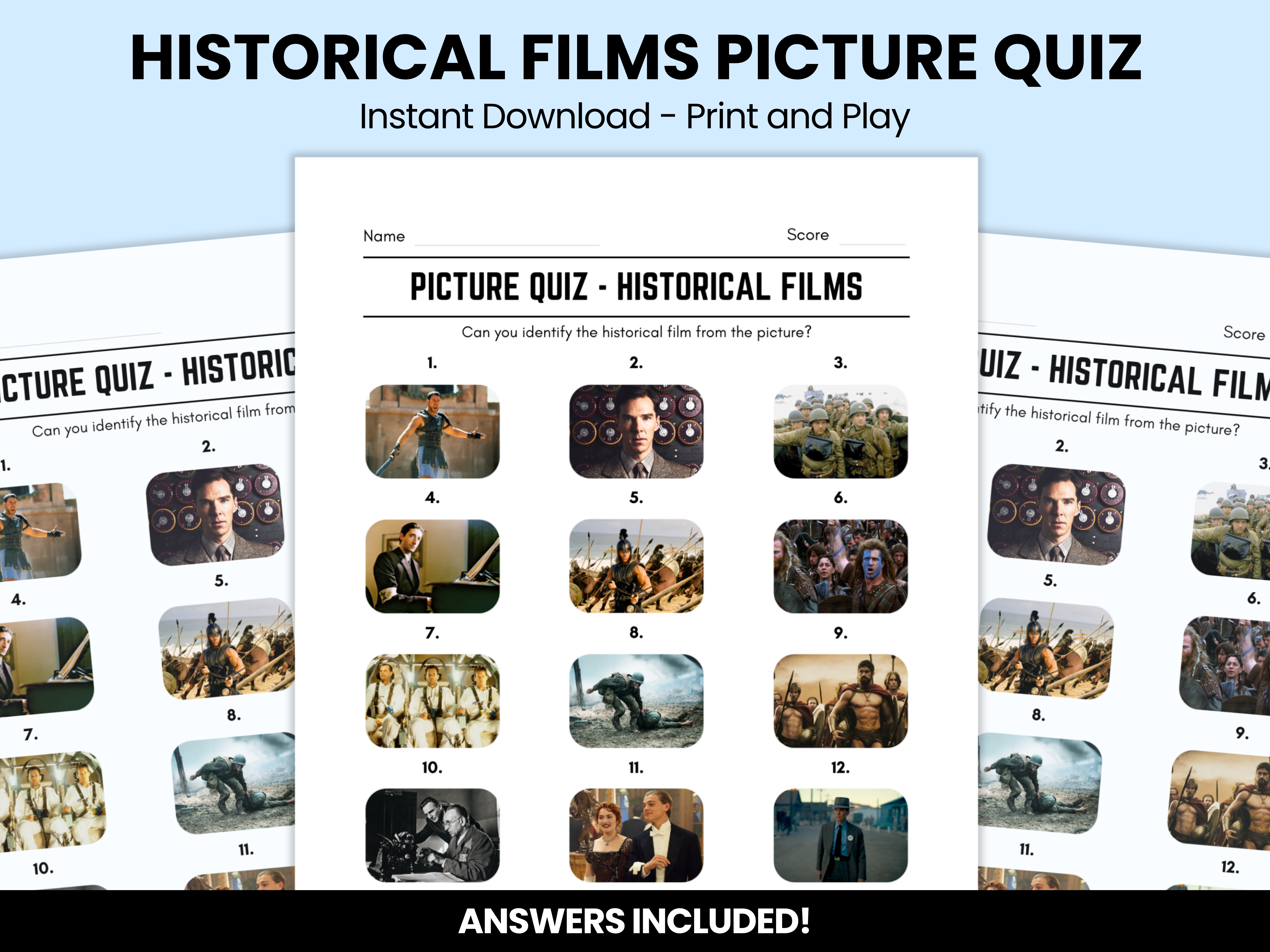 Historical Films Picture Quiz With Answers – Instant Download