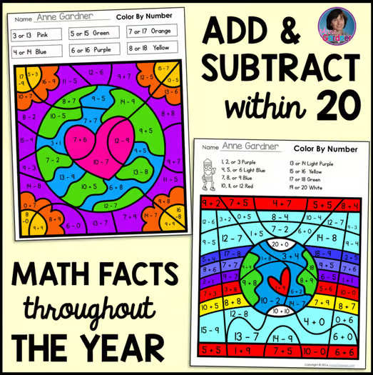 Earth Day Math Color by Number Activities Add & Subtract to within 20 Worksheets