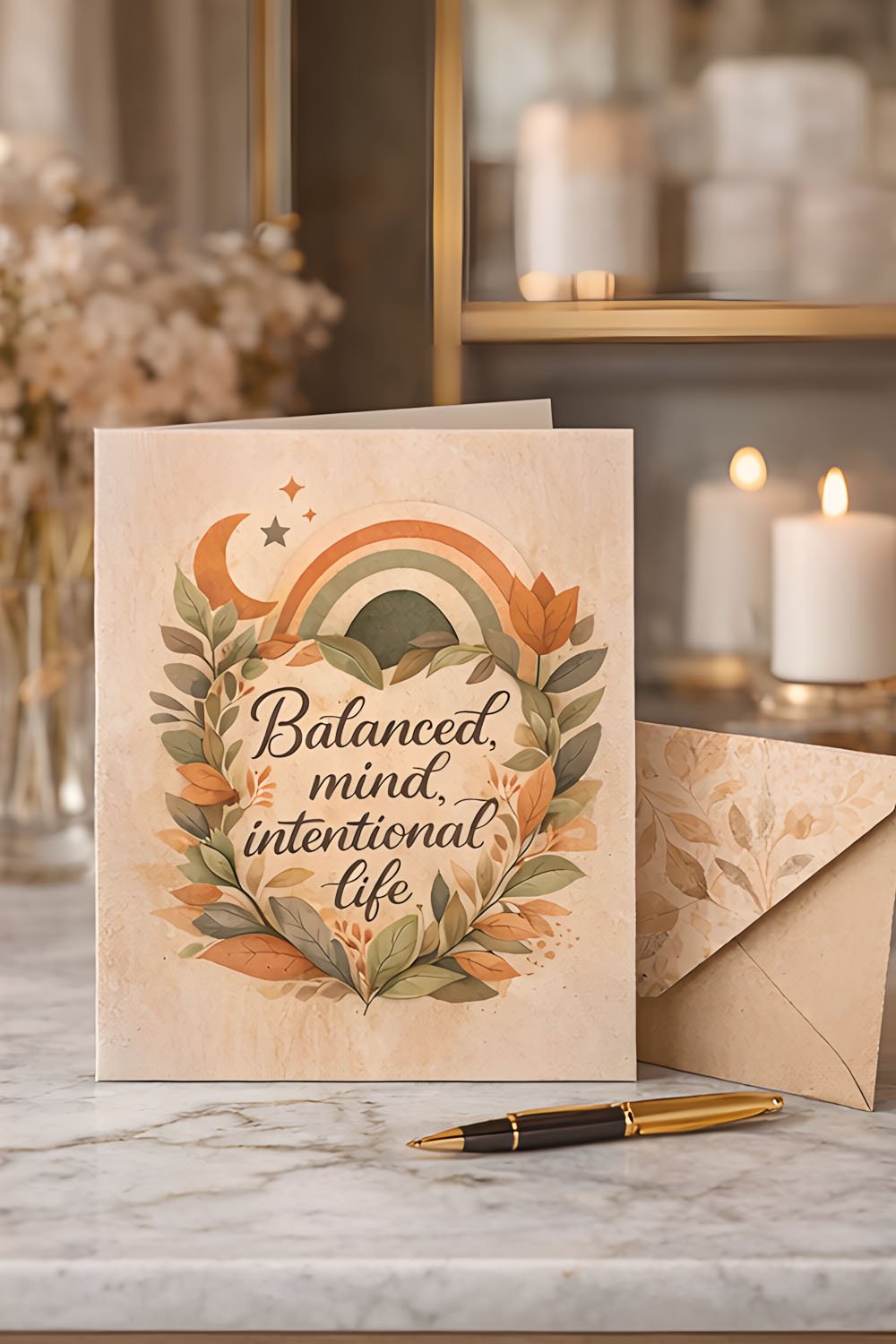 Close-up of autumn leaf illustration showing detailed textures, layered foliage, and warm orange and brown tones in a modern boho botanical design.