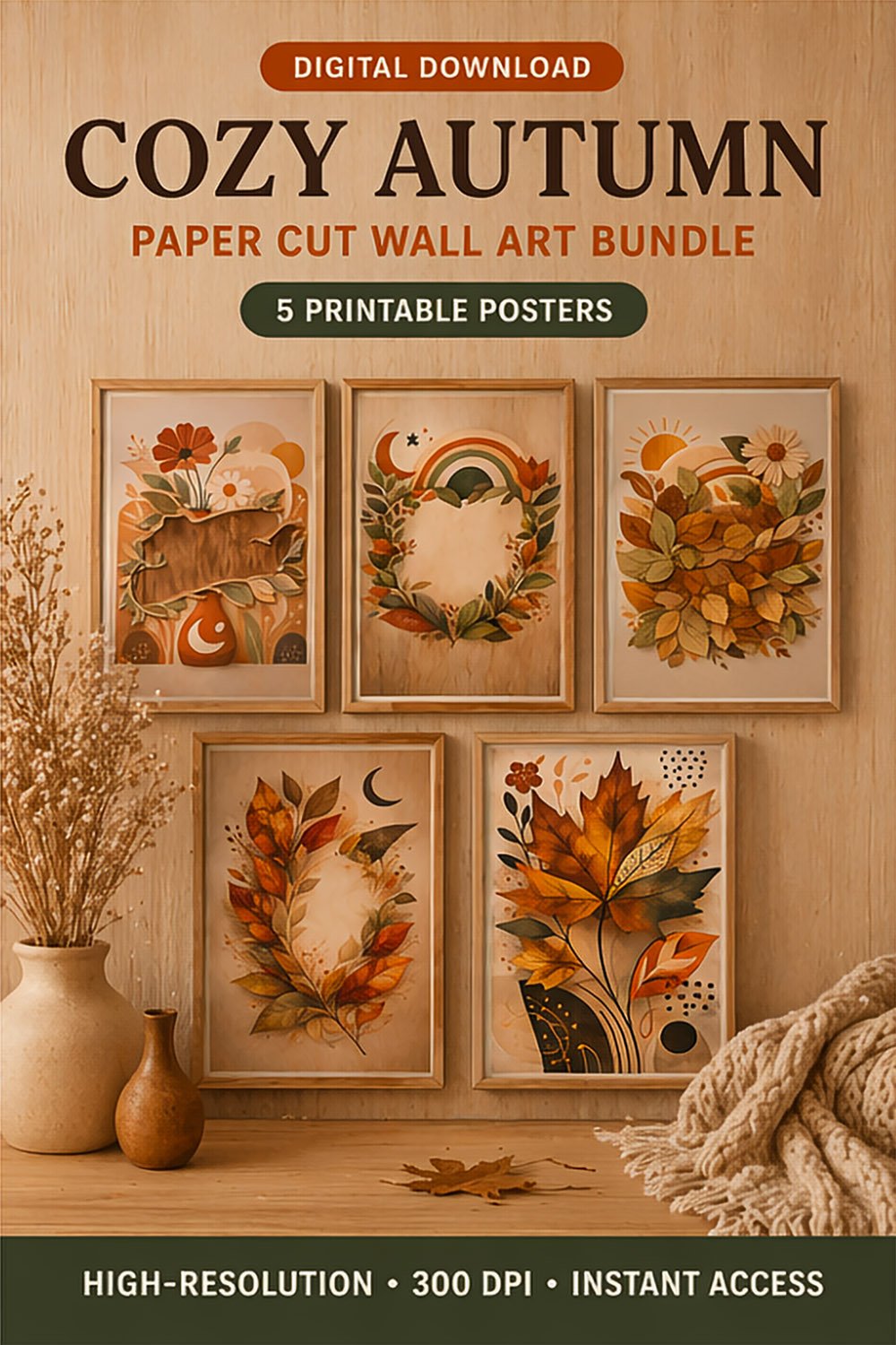 Close-up of autumn leaf illustration showing detailed textures, layered foliage, and warm orange and brown tones in a modern boho botanical design.