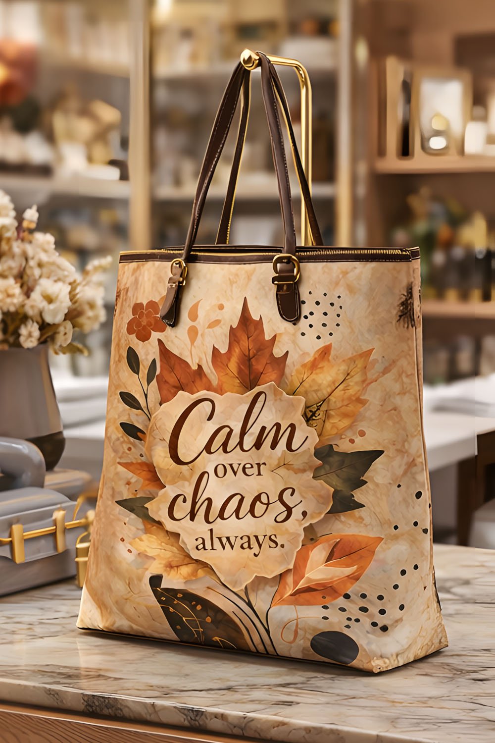 Close-up of autumn leaf illustration showing detailed textures, layered foliage, and warm orange and brown tones in a modern boho botanical design.