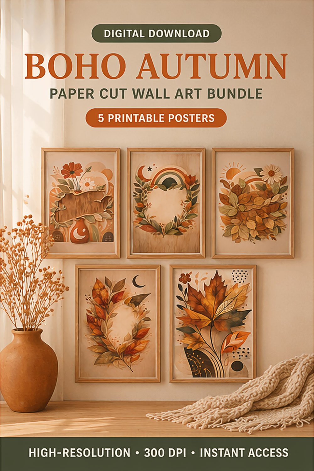 Close-up of autumn leaf illustration showing detailed textures, layered foliage, and warm orange and brown tones in a modern boho botanical design.