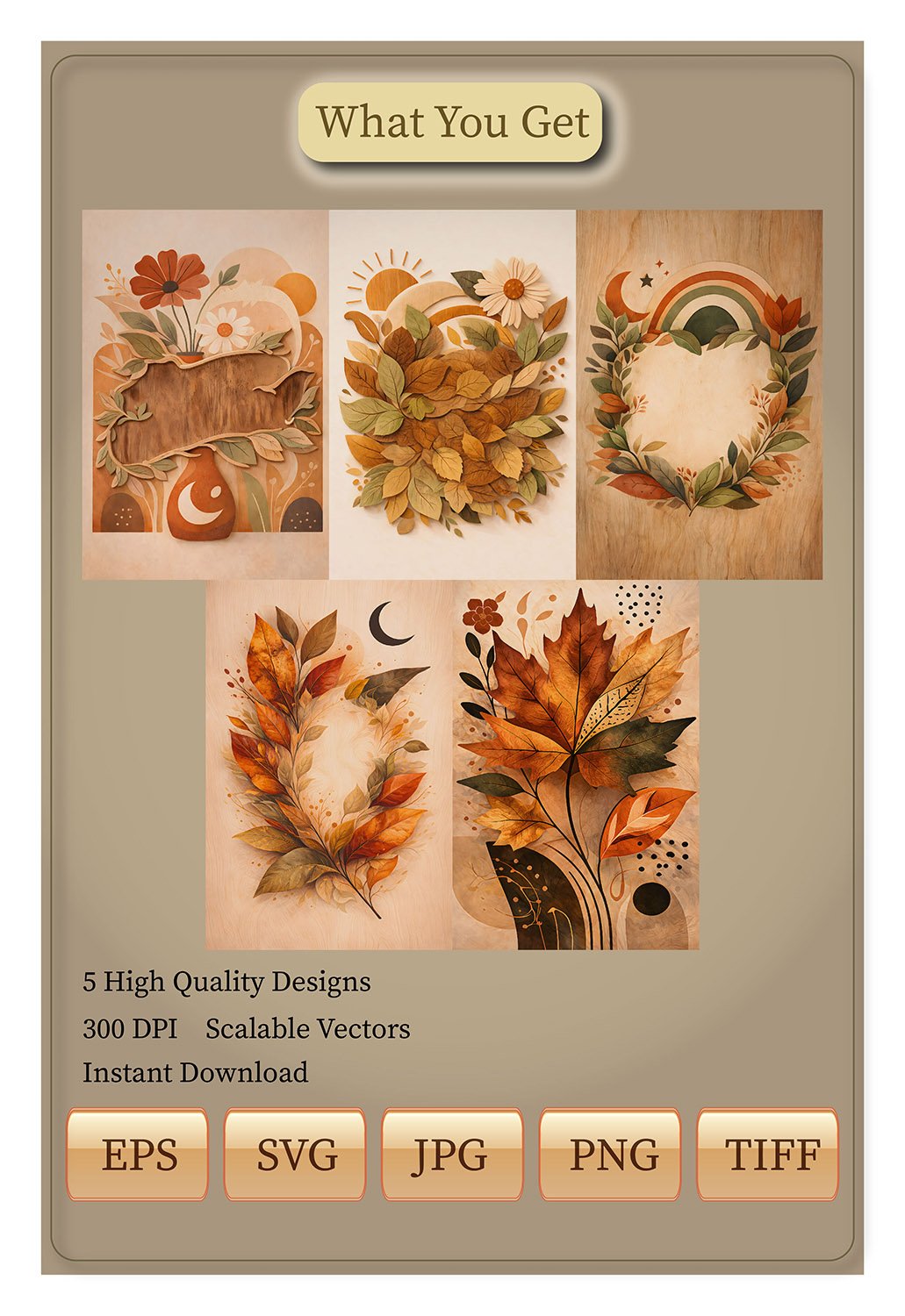 Close-up of autumn leaf illustration showing detailed textures, layered foliage, and warm orange and brown tones in a modern boho botanical design.