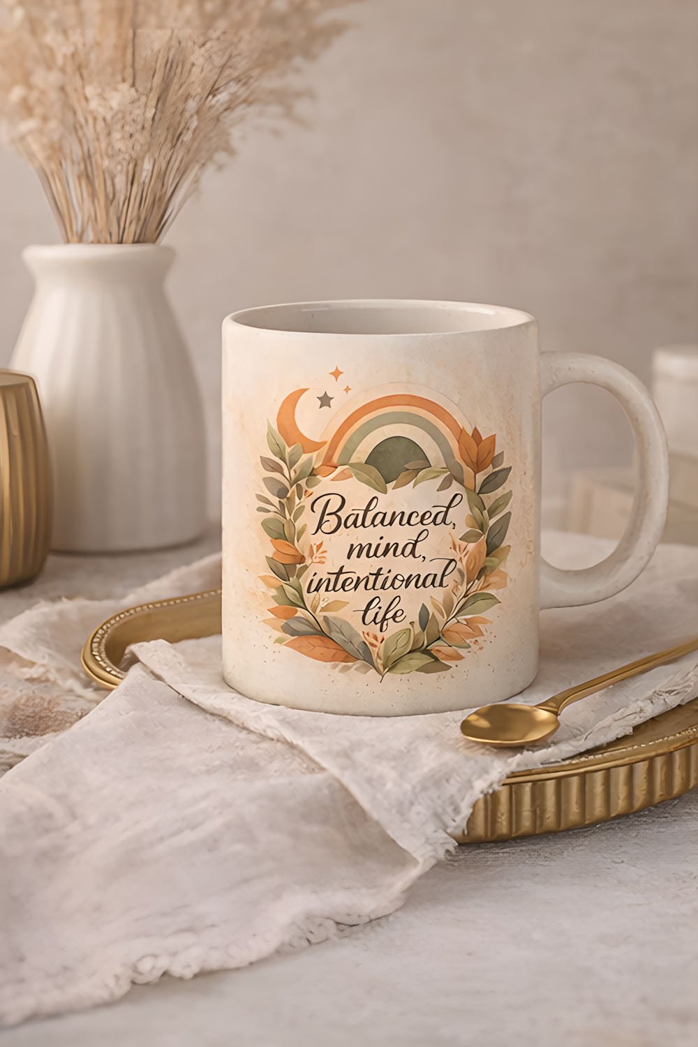 Close-up of autumn leaf illustration showing detailed textures, layered foliage, and warm orange and brown tones in a modern boho botanical design.