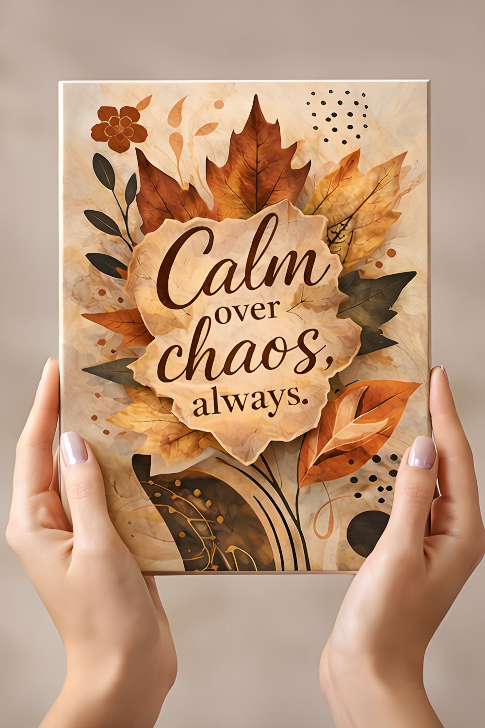 Close-up of autumn leaf illustration showing detailed textures, layered foliage, and warm orange and brown tones in a modern boho botanical design.