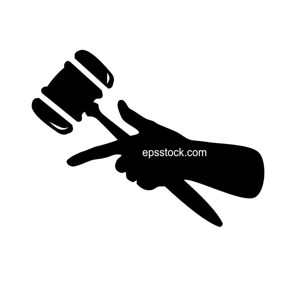 index finger of hand with hammer pointing to auction, black isolated silhouette