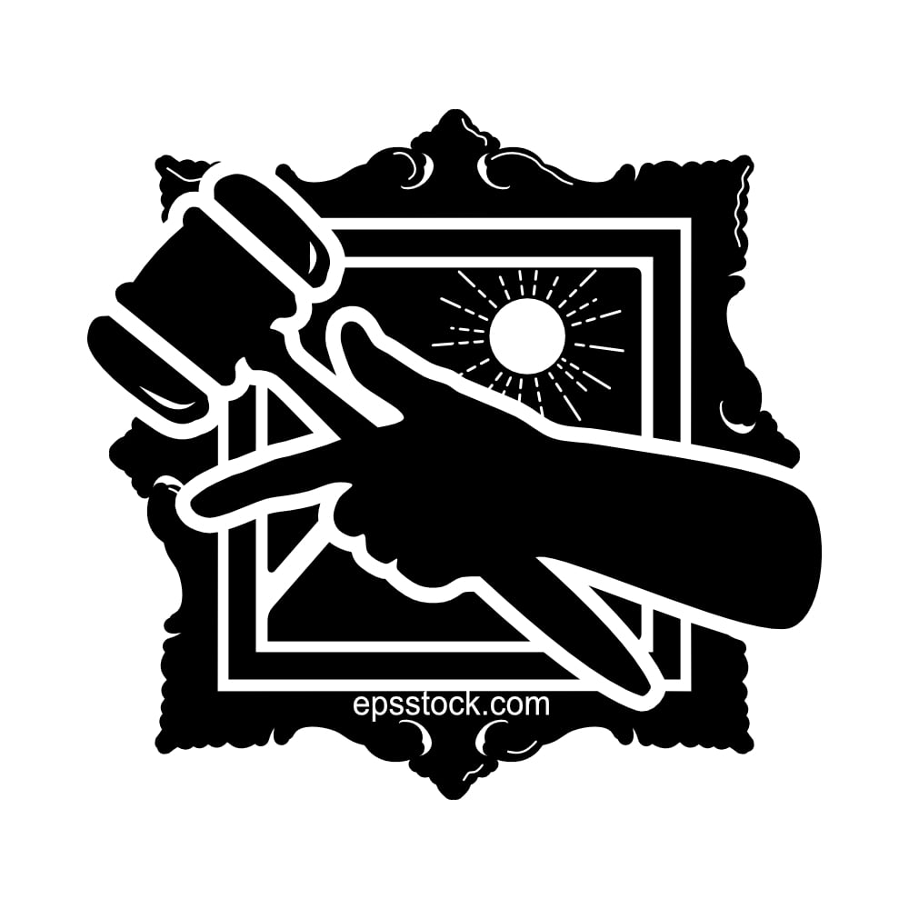 index finger of hand with hammer pointing to art auction, black isolated silhouette