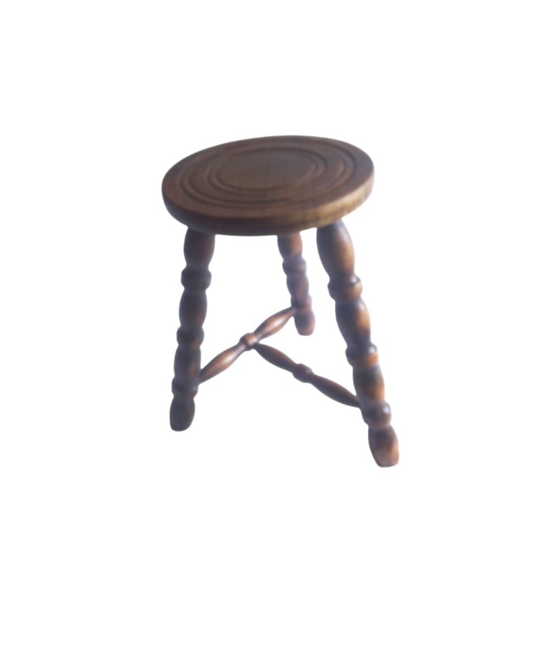 Breton typical Tripod Milking Stool, Turned Wood with 3 Braced Bobbin Legs