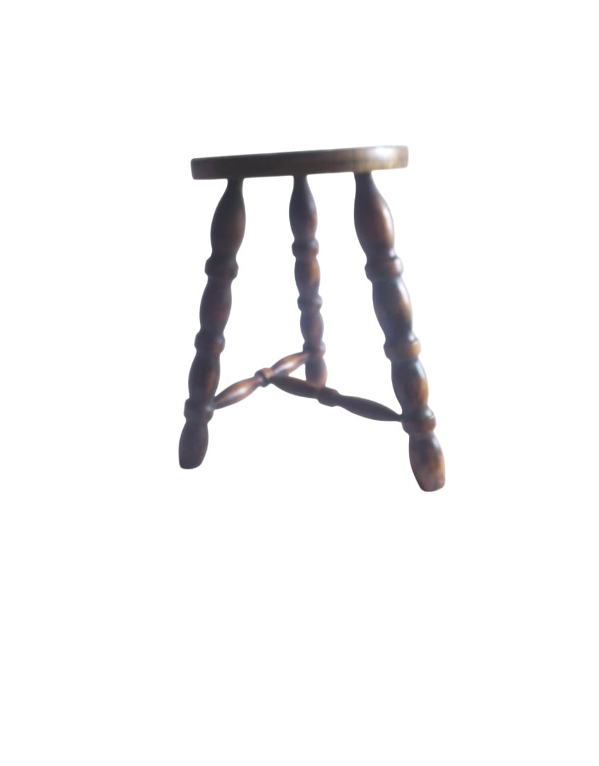 Tripod Milking Stool, Turned Wood with 3 Braced Bobbin Legs.
