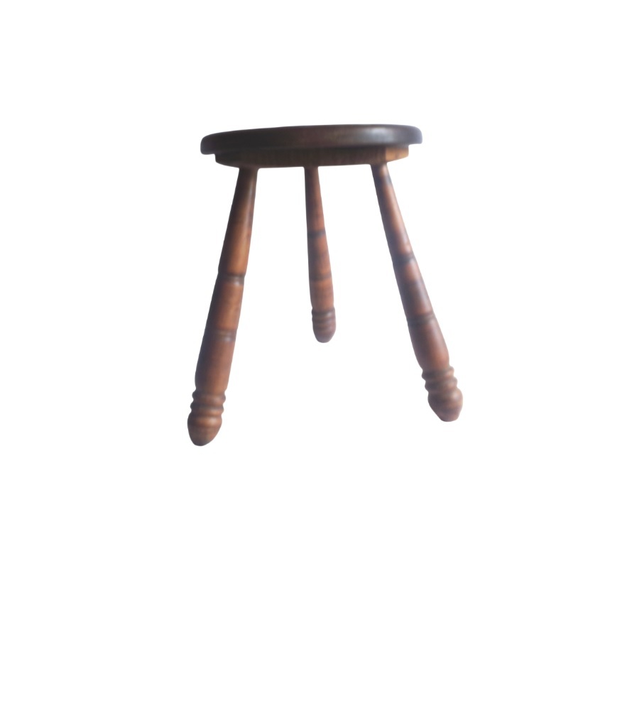Rustic Tripod Milking Stool, Turned Wood, Round Seat Spindle Legs. 60s