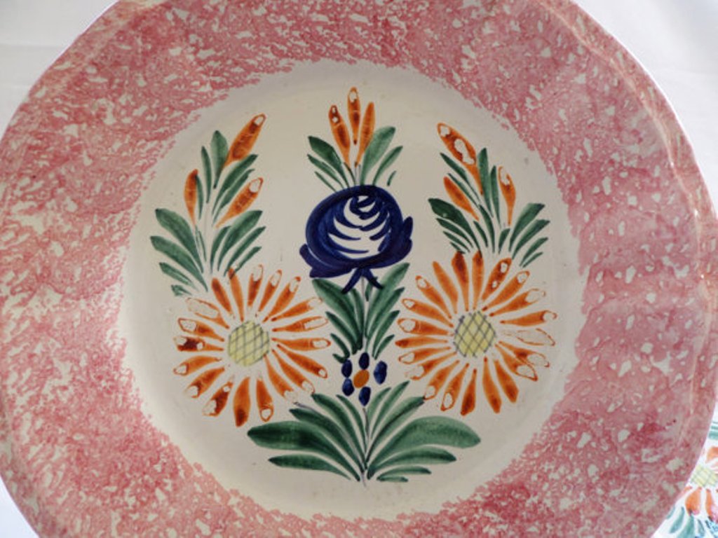 Antique tin-glazed earthenware Quimper dinner plates with pink rim