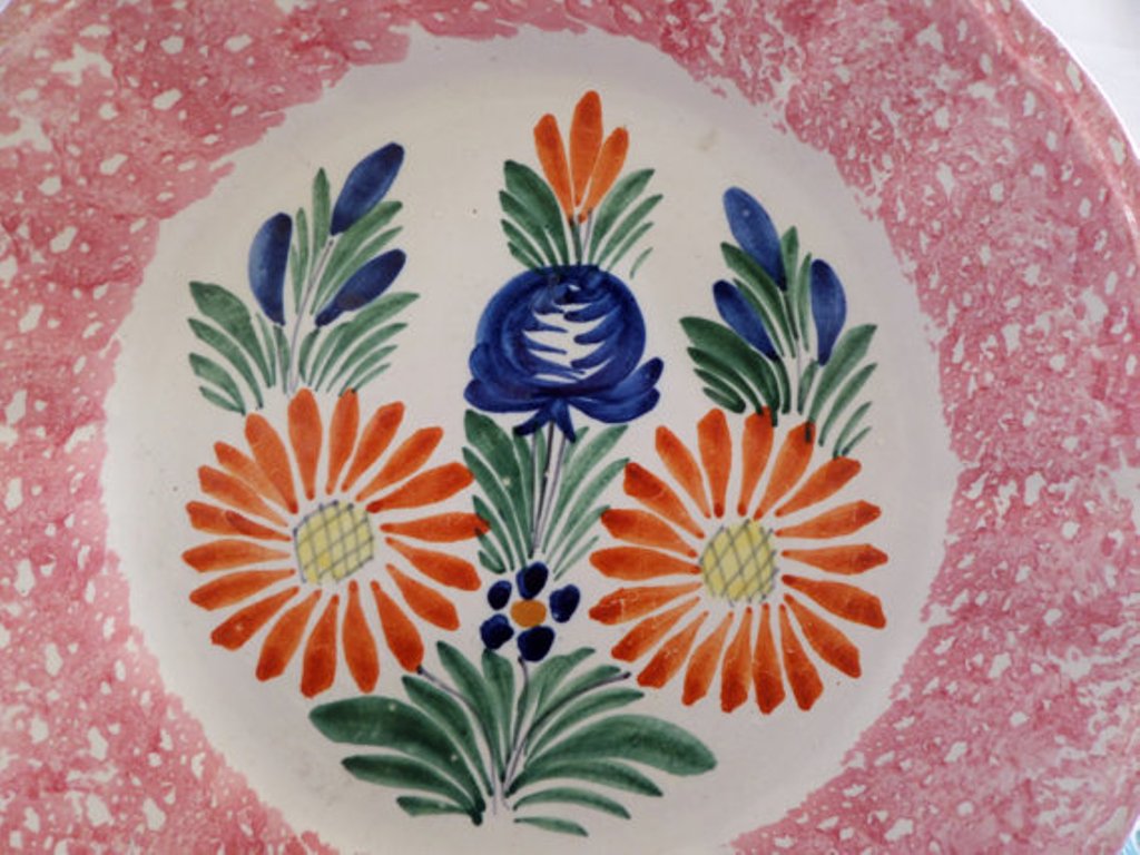 large pink rim Antique Faience  Quimper dinner plates