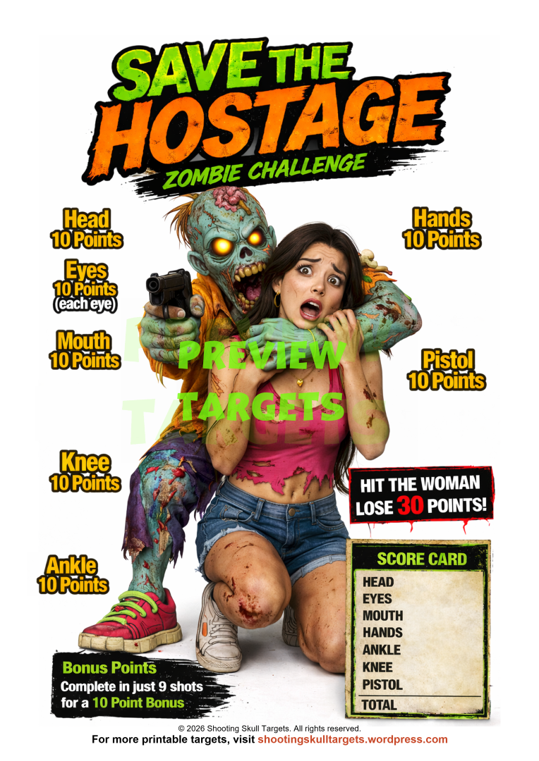 Photorealistic zombie and hostage airgun target without scoring zones for realistic challenge shooting