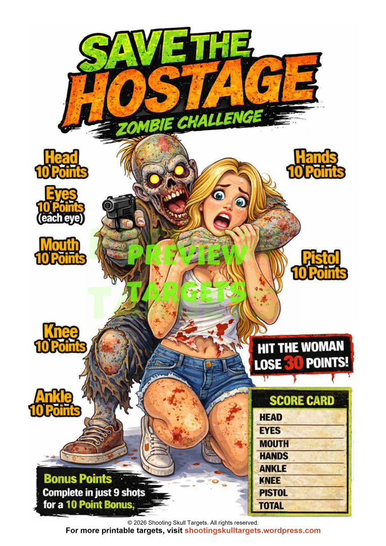 Graphical full‑body zombie airgun target with hands, knees, ankles, and pistol scoring zones