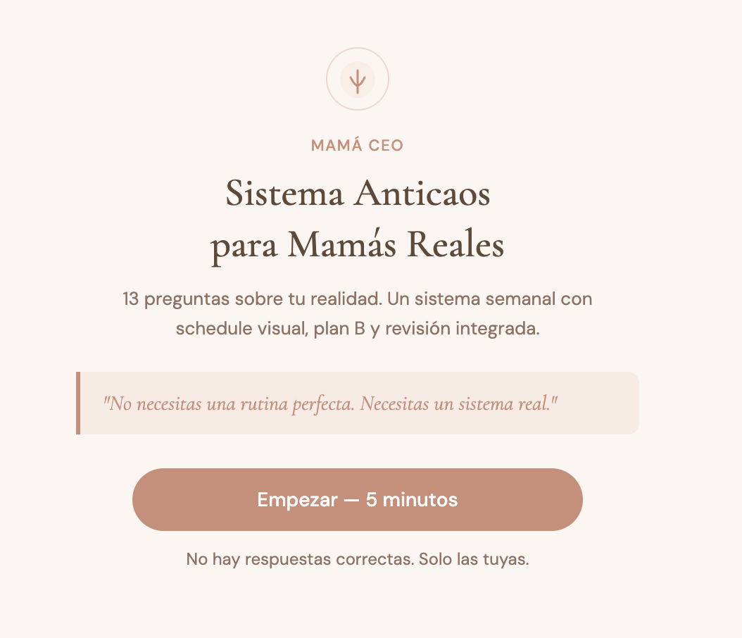 Sistema organizacional semanal para mamás con planificador IA personalizado — Mamá CEO. Agenda visual, modo crisis y revisión semanal integrada.