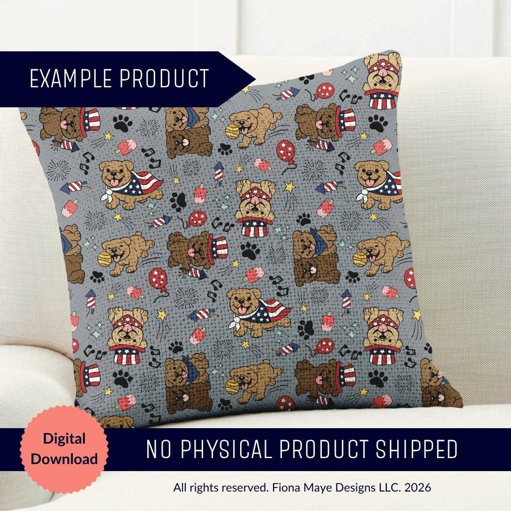 Gray pillow on a sofa displaying a patriotic dog pattern with stars, bones, and paw prints, shown as a mockup for a digital download design.