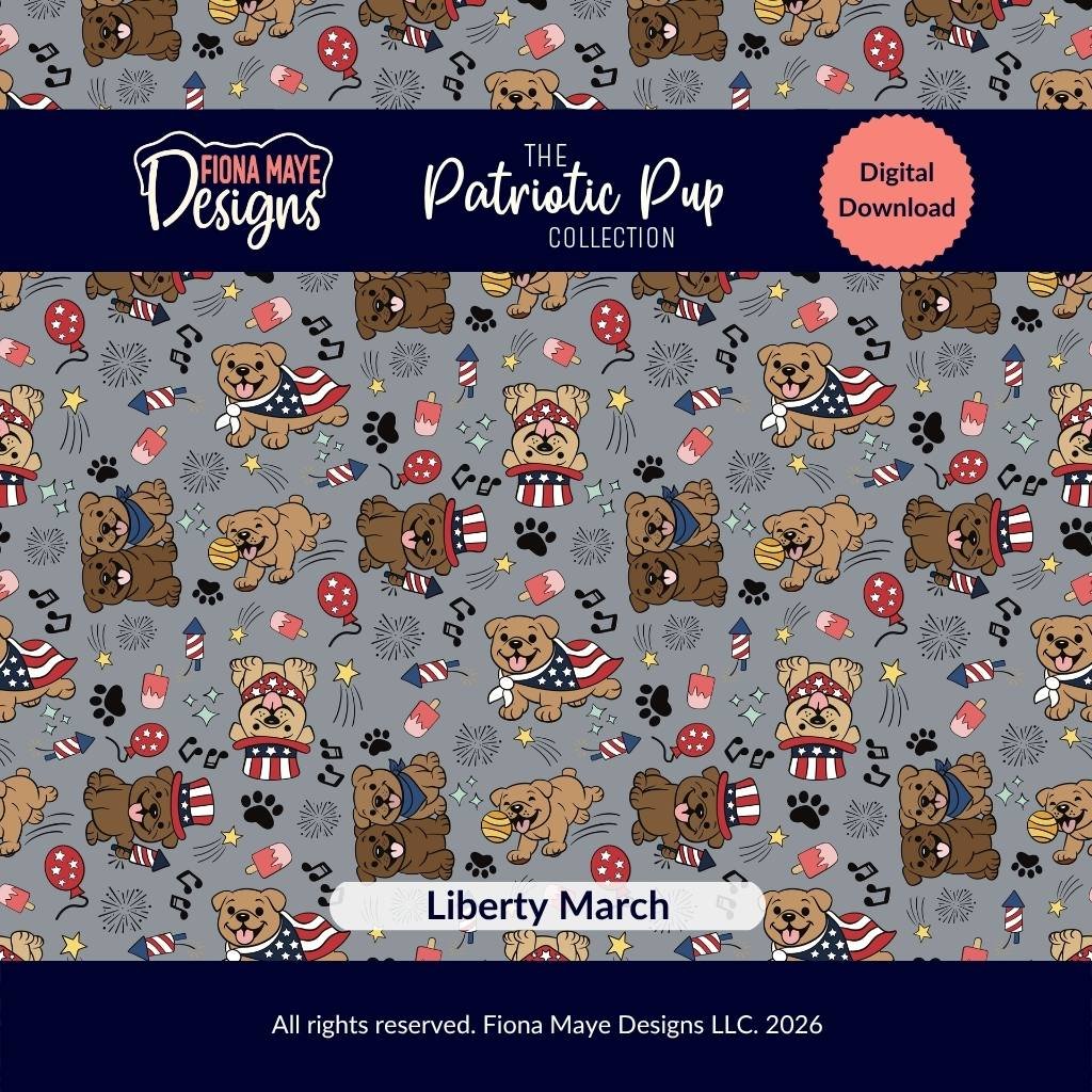 Seamless gray patriotic pattern with cartoon dogs in festive hats, bandanas, stars, bones, and paw prints, designed for digital crafting and creative projects.