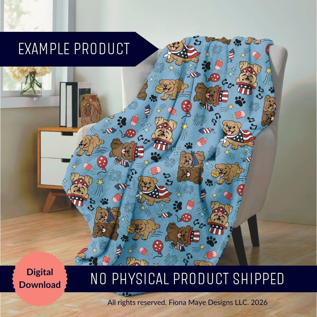 Blue blanket draped over a chair featuring a playful dog pattern with paw prints and bones, shown as an example mockup for a digital download.
