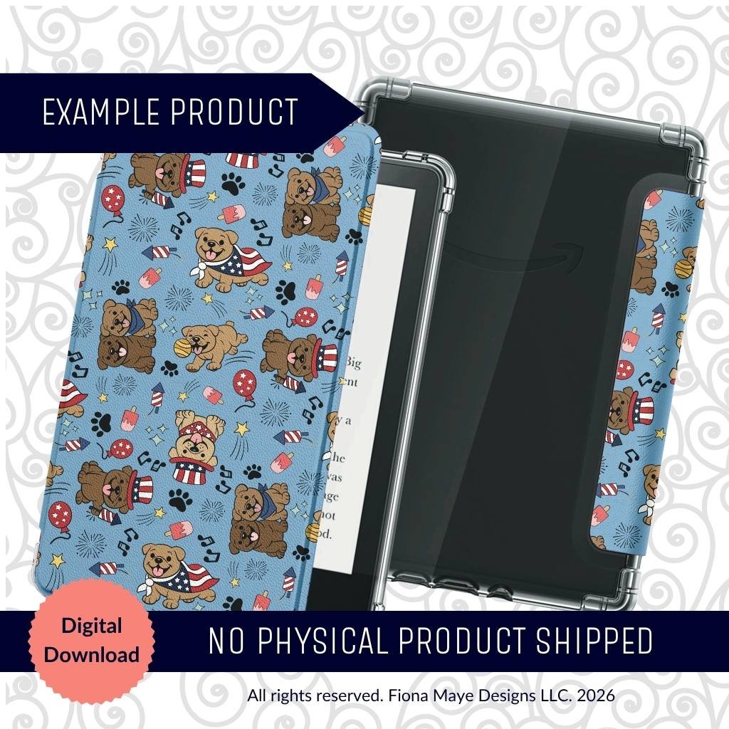 Blue patterned e‑reader cover featuring cartoon patriotic dogs with stars, bones, and paw prints, shown as a mockup for a digital download.
