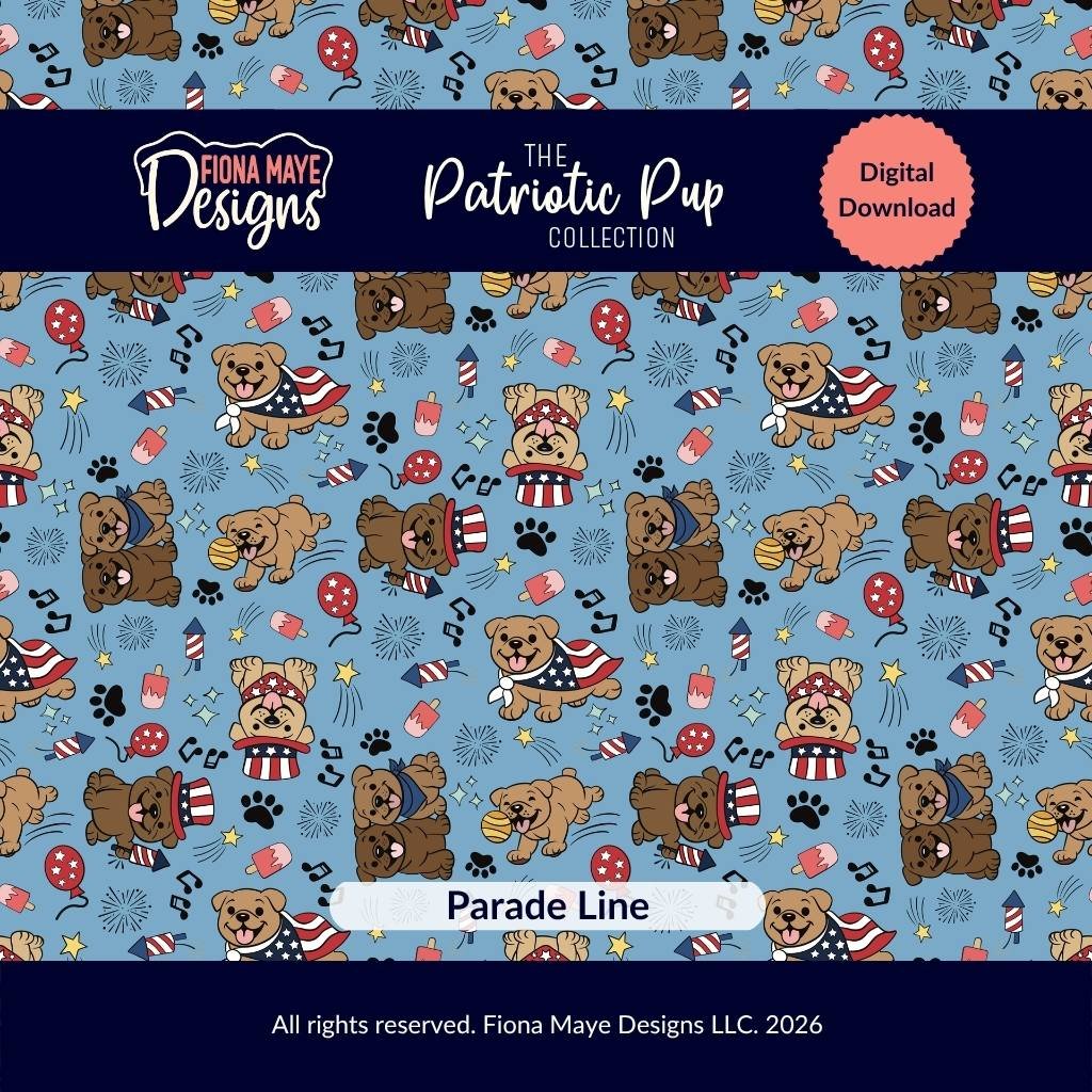 Blue seamless pattern with patriotic dogs, stars, bones, paw prints, and festive details, shown as a digital download design.
