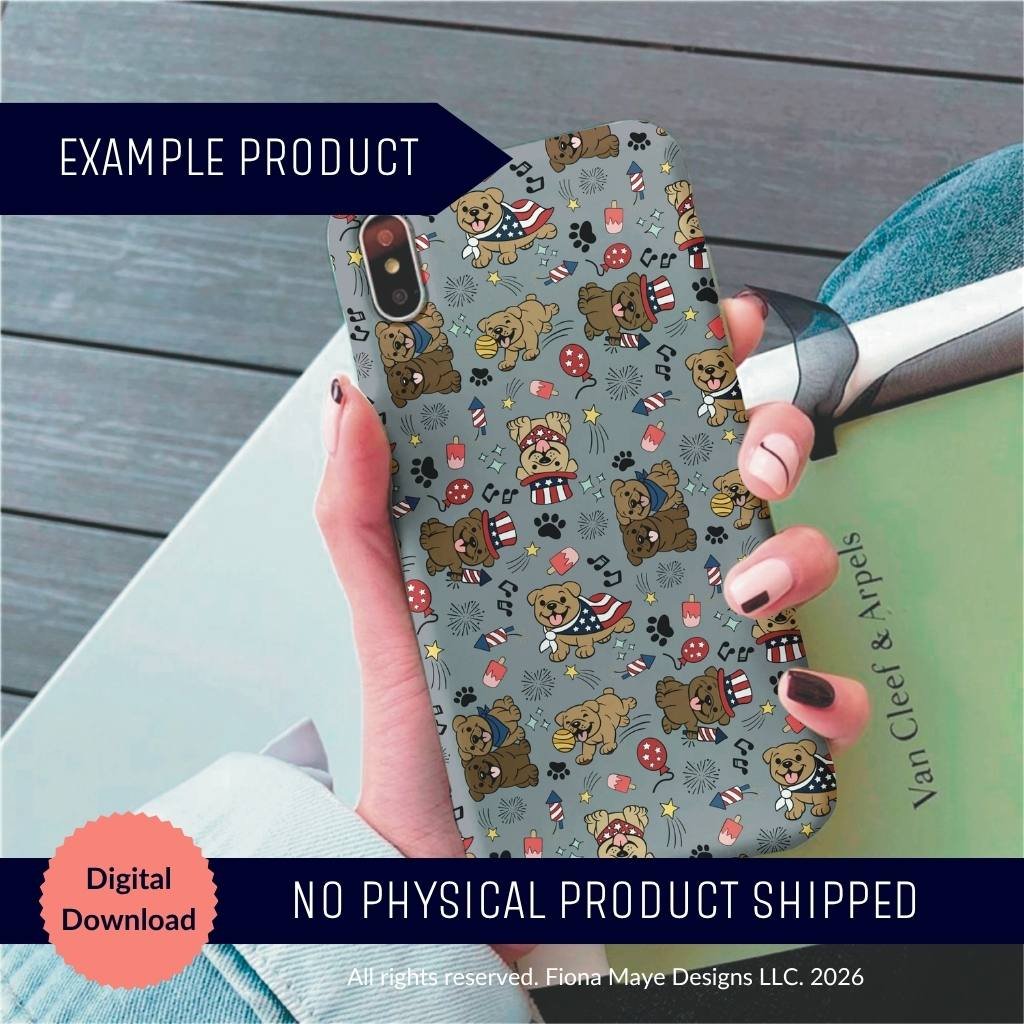Decorative phone case featuring illustrated dogs, paw prints, and bones on a gray background, shown as a mockup for a digital download.