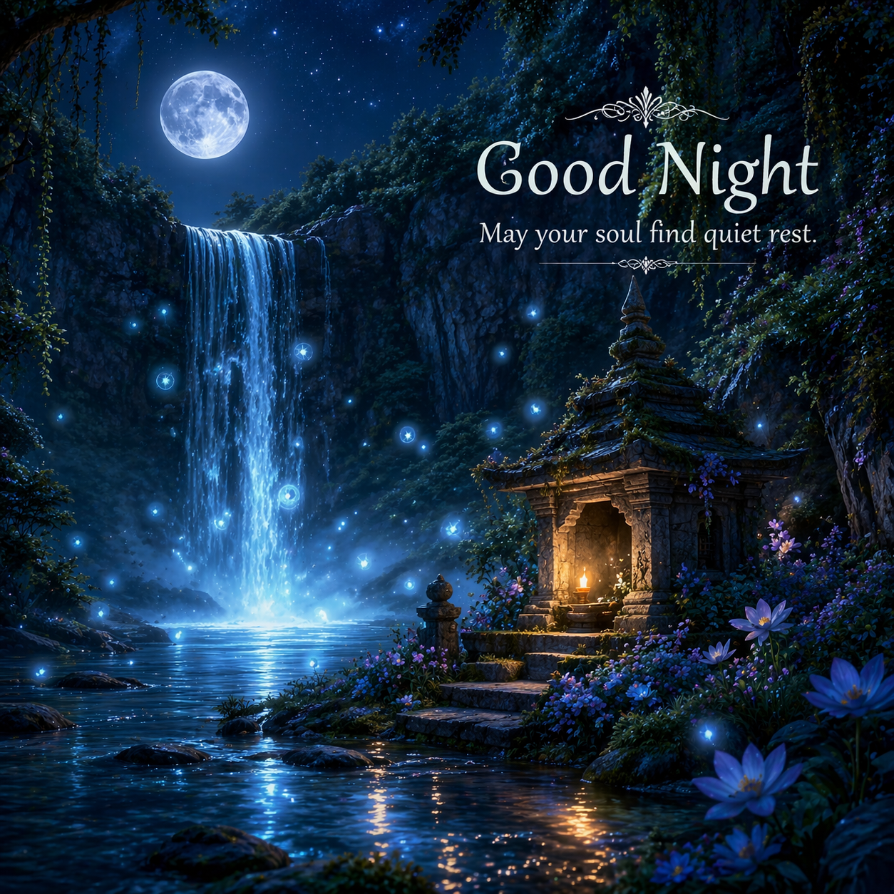 A good night scene of a serene waterfall under a full moon - Payhip