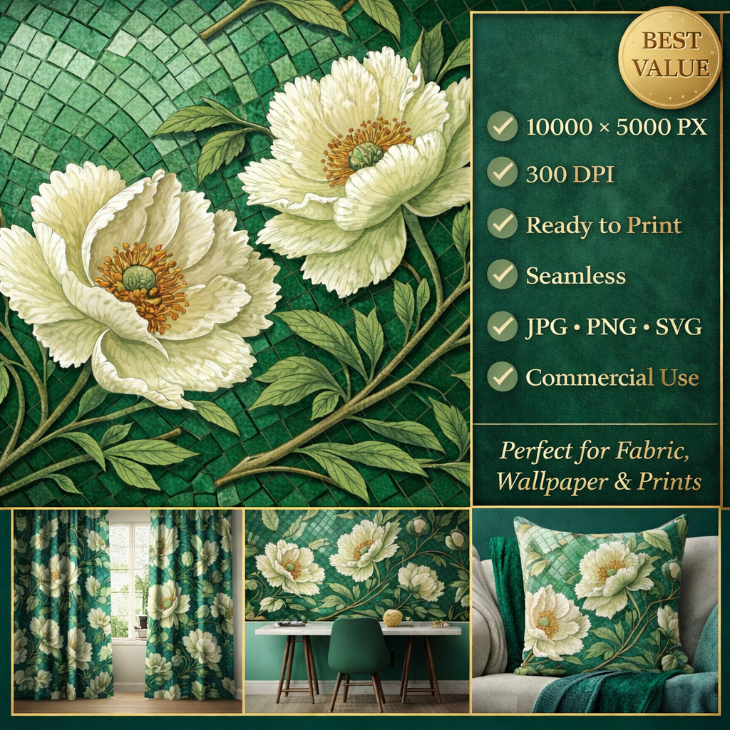 Vintage Botanical Floral Seamless Pattern Cream Peony Flowers Green Art Nouveau Background Luxury Wallpaper Design