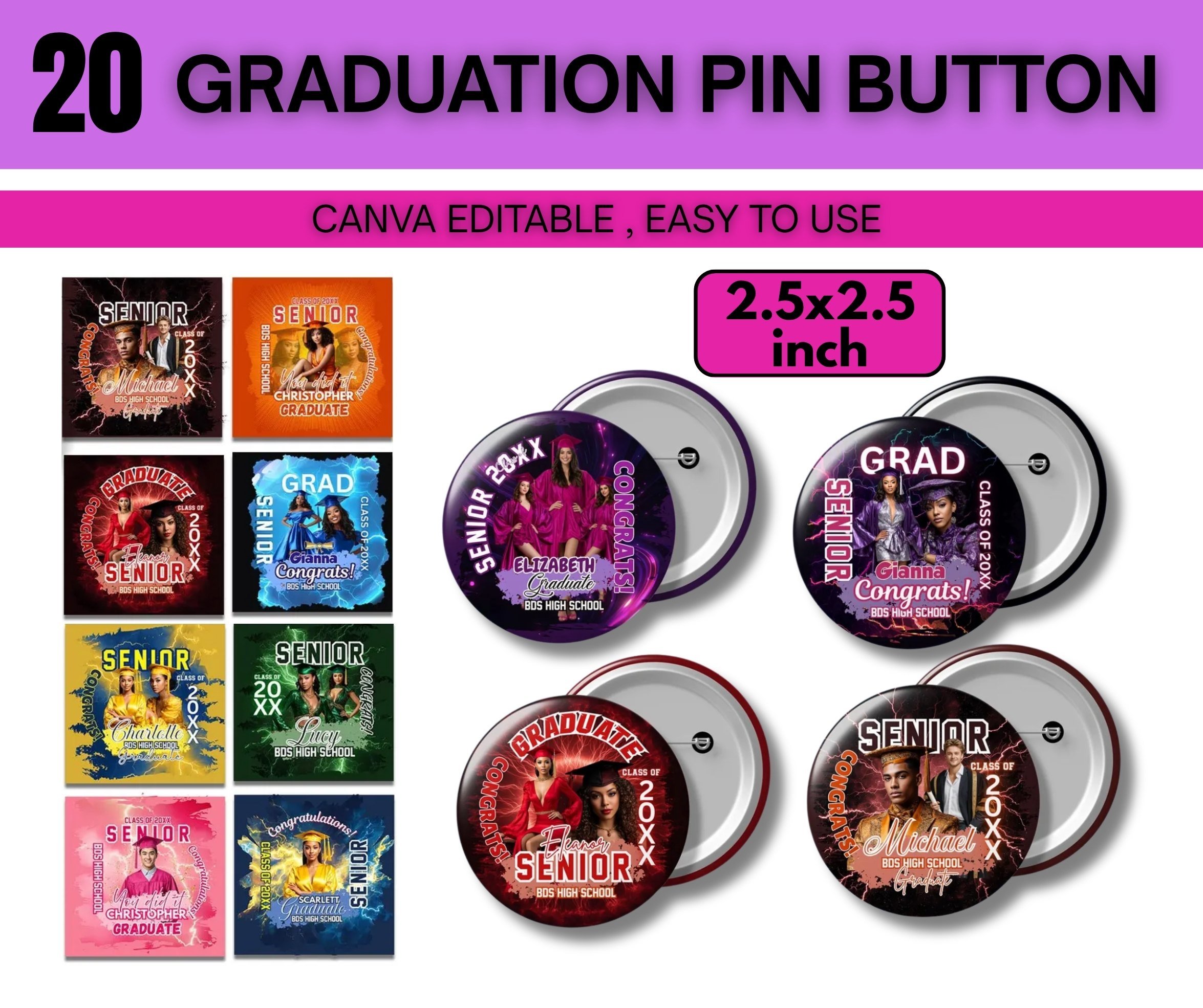 20x Graduation Pin Button Canva Templates | Class of 2026 Congrats ...