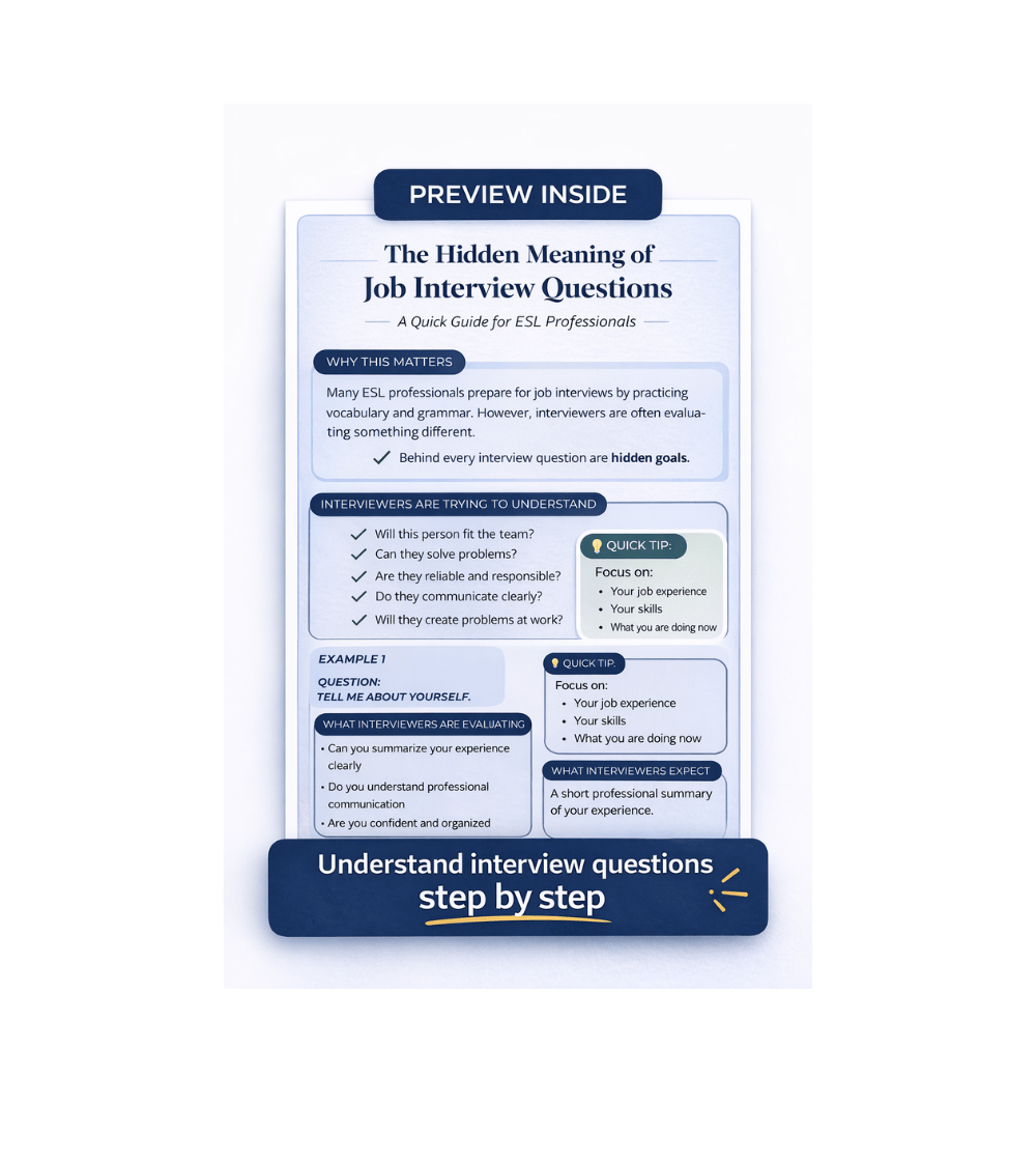 Hidden Interview Example The Hidden Meaning of Job Interview Questions. A Quick Guide for ESL ...
