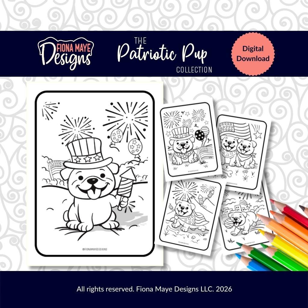 Coloring page preview featuring a patriotic bulldog in a tall striped hat holding a firework, with fireworks in the sky and additional page thumbnails on the right.