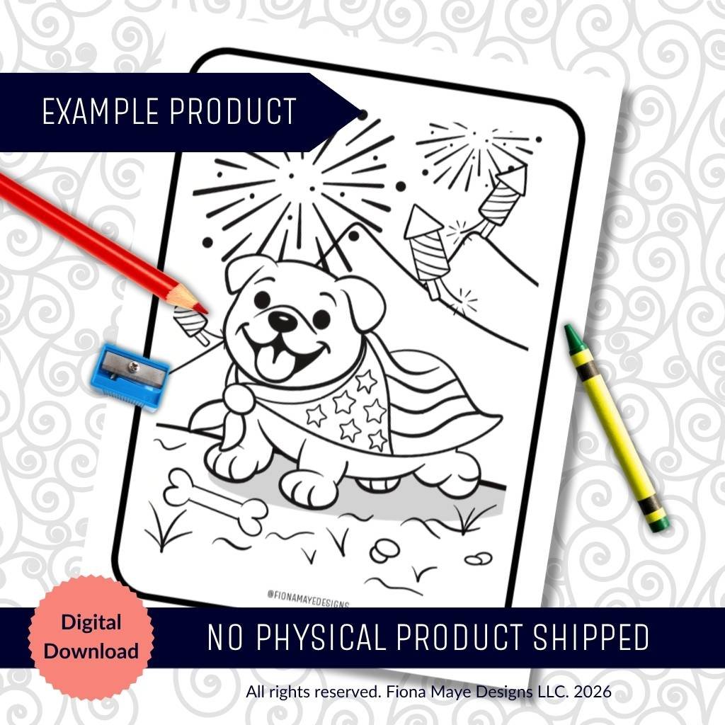 Coloring page preview featuring a smiling dog in a stars‑and‑stripes cape sitting on grass with fireworks above, surrounded by colored pencils and a sharpener.