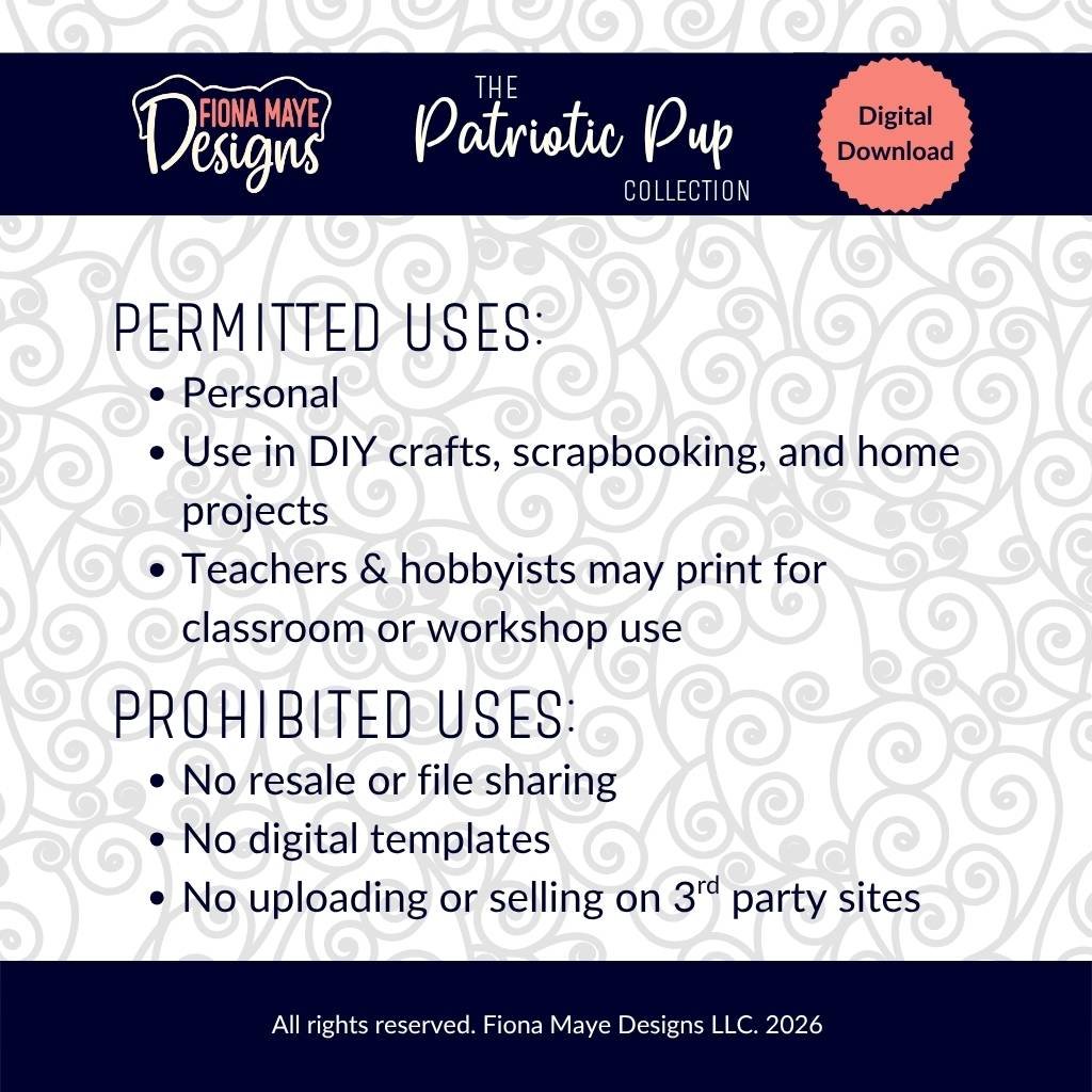 Usage guide graphic for the Patriotic Pup Collection showing permitted uses like personal and classroom printing, and prohibited uses such as resale, file sharing, and digital templates.