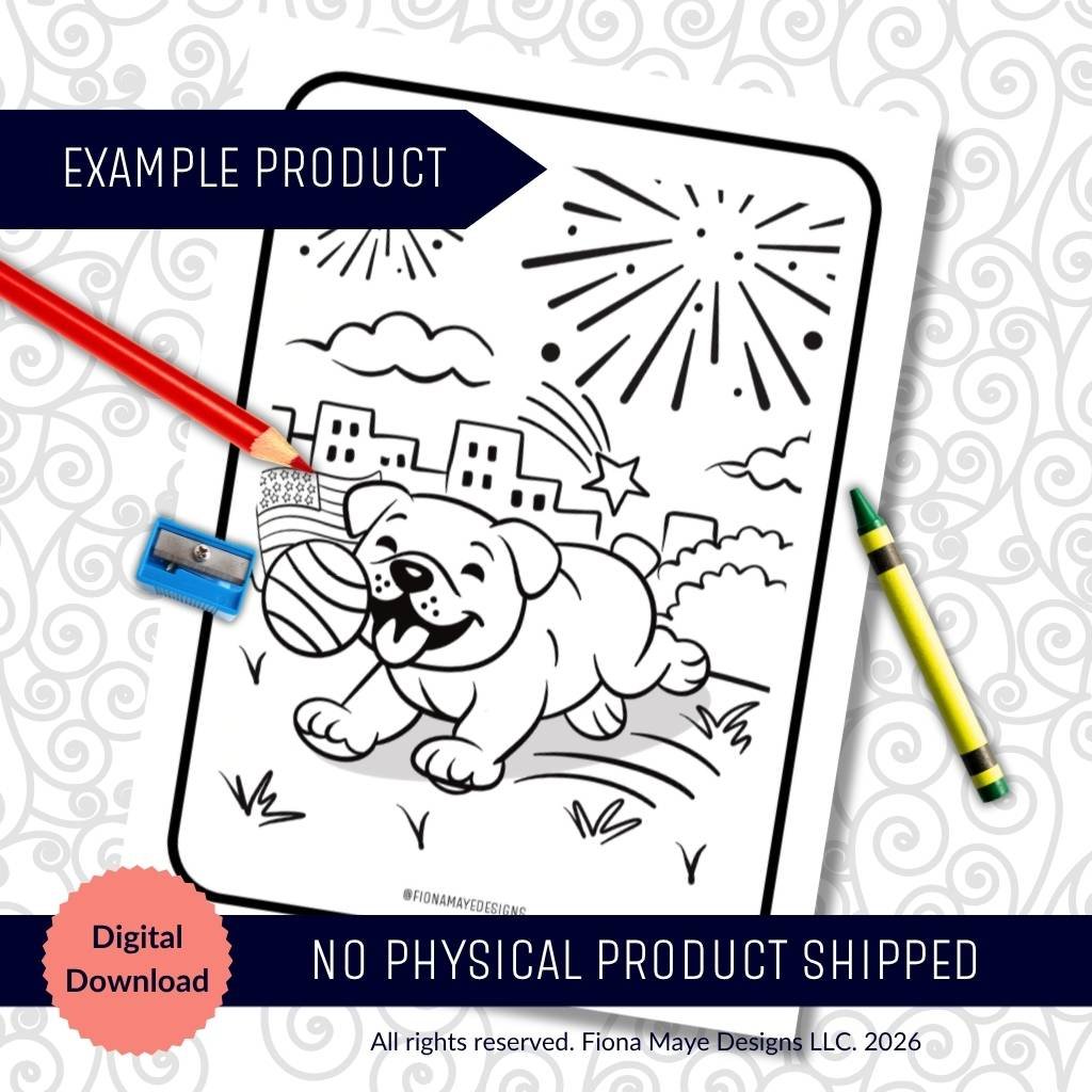 Coloring page preview featuring a playful puppy with a ball outdoors, with buildings, clouds, grass, and fireworks in the background, surrounded by colored pencils.